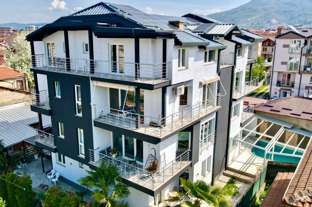Aerial view of Villa Milka and its pool courtyard